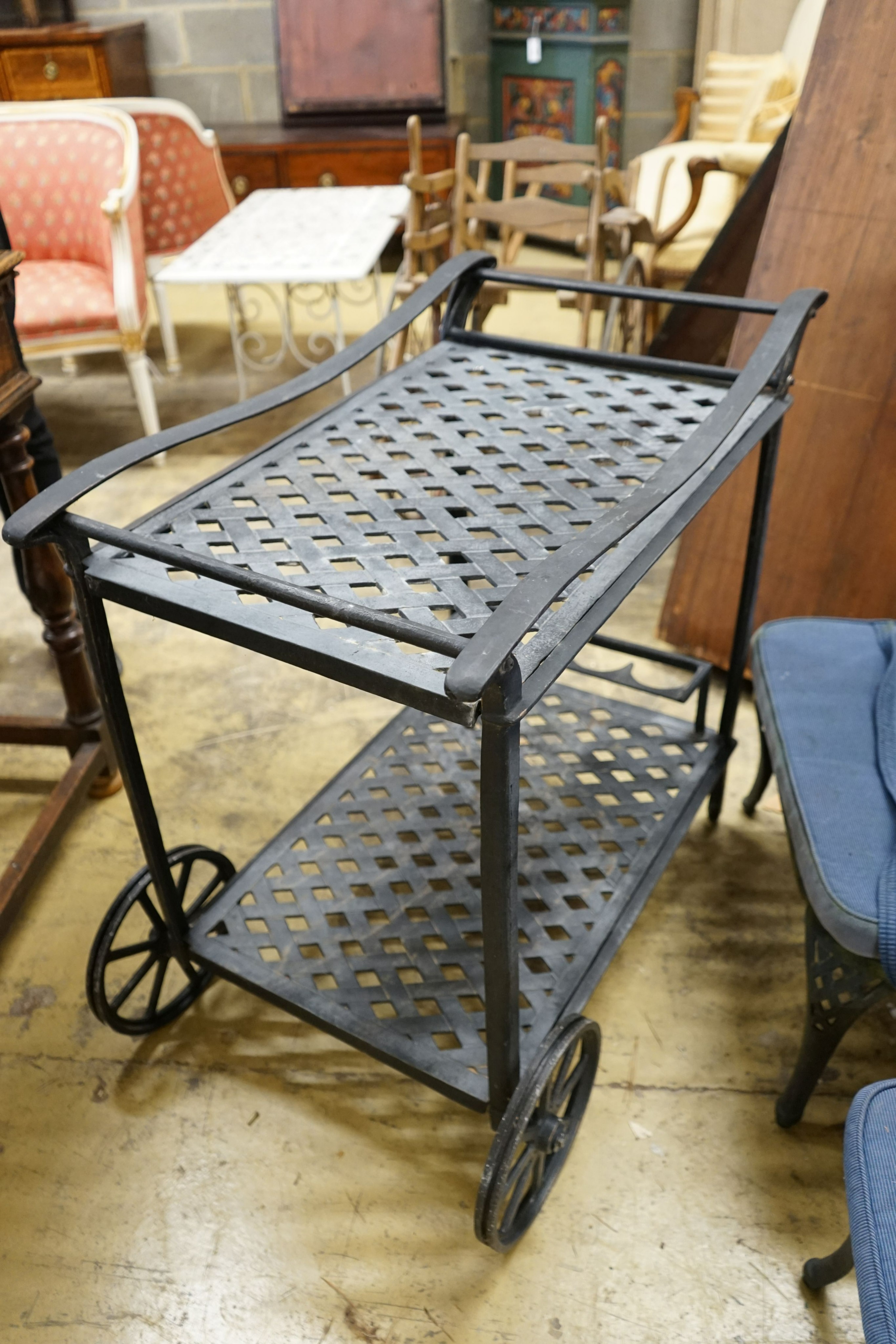 A pair of painted aluminium garden loungers, width 68cm, length 160cm together with a matching two tier drinks trolley and small square occasional table